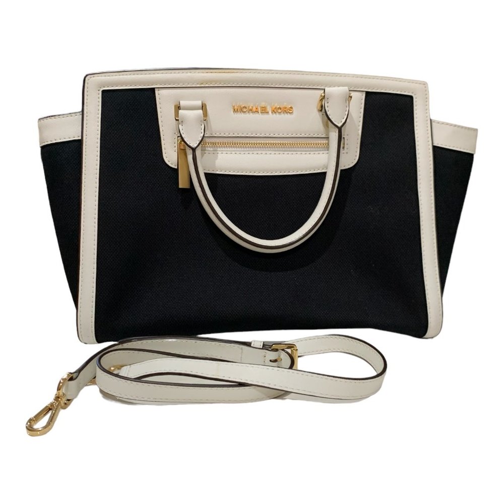 MICHAEL Michael Kors Black/White Canvas and Leather Selma Satchel